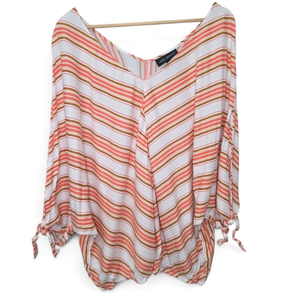 Lane Bryant Top Blouse 18/20 Plus Striped Dolman Batwing Sleeve Tie Cuff V Neck